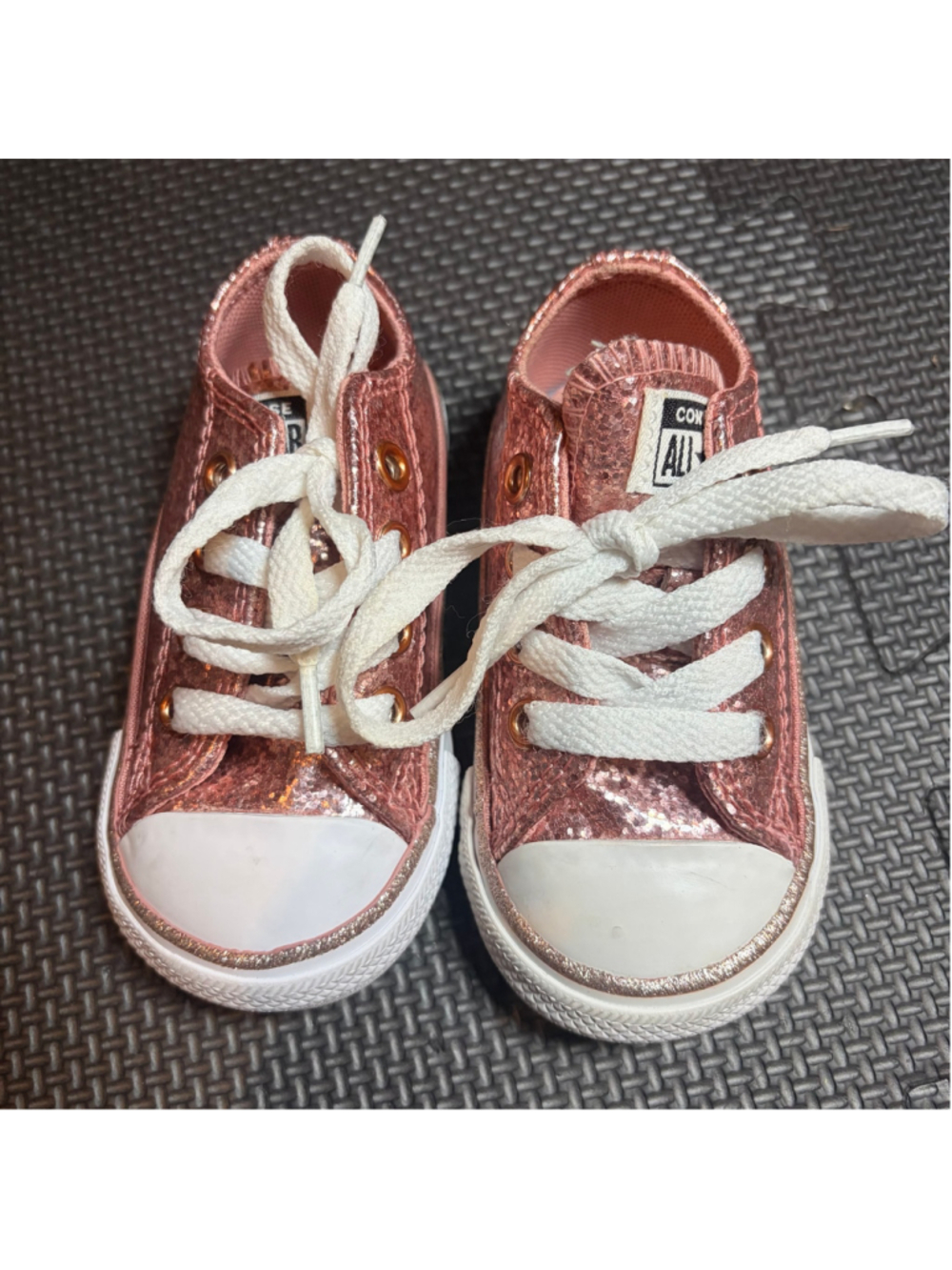 Converse Baby Glitter All Star Sneakers in Rose Gold and White Size 4